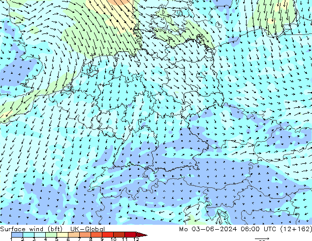Wind 10 m (bft) UK-Global ma 03.06.2024 06 UTC