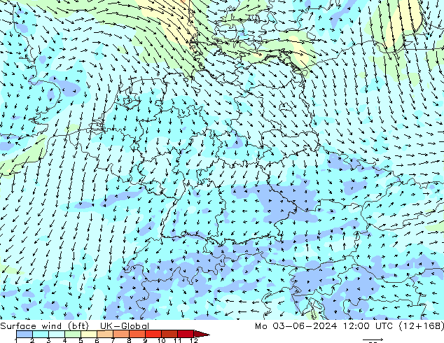 Surface wind (bft) UK-Global Mo 03.06.2024 12 UTC