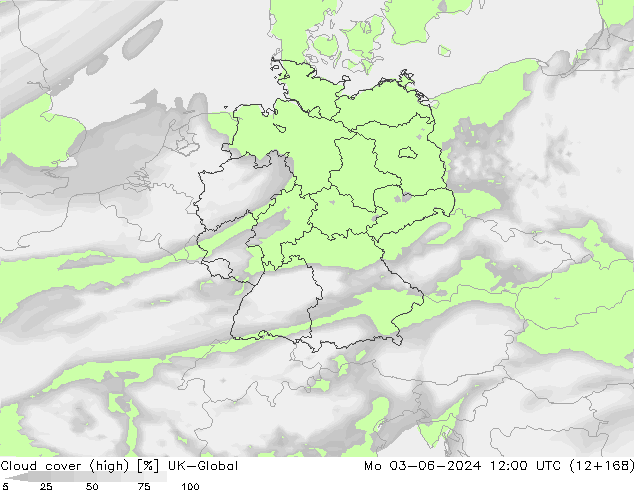 Cloud cover (high) UK-Global Mo 03.06.2024 12 UTC