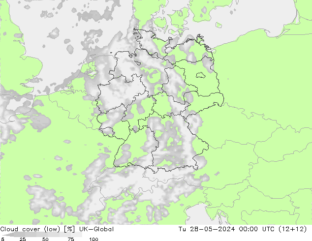 Cloud cover (low) UK-Global Tu 28.05.2024 00 UTC