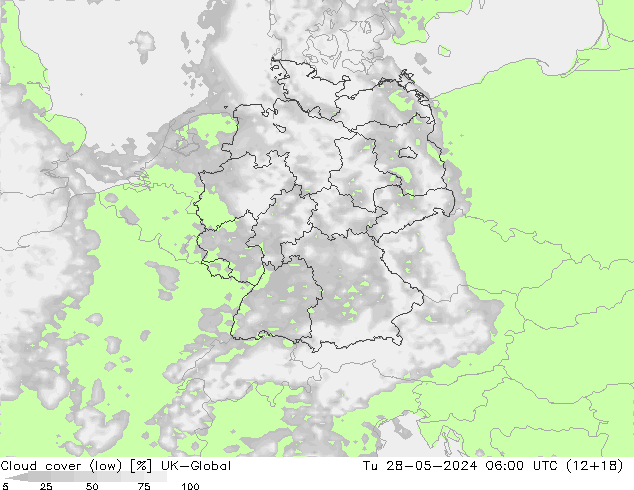 Cloud cover (low) UK-Global Tu 28.05.2024 06 UTC