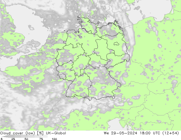 Cloud cover (low) UK-Global We 29.05.2024 18 UTC