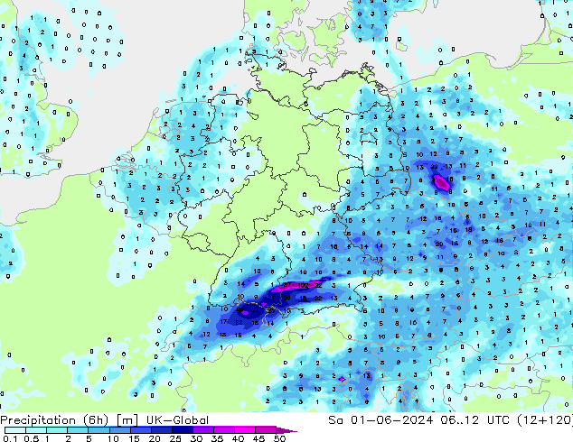 Précipitation (6h) UK-Global sam 01.06.2024 12 UTC