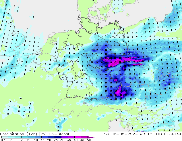 Precipitazione (12h) UK-Global dom 02.06.2024 12 UTC