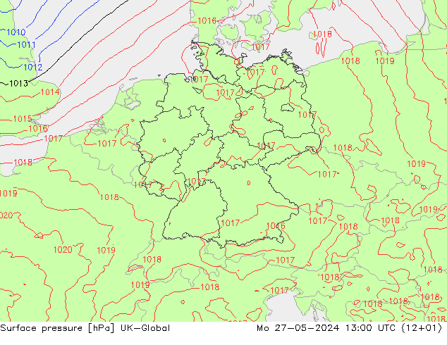 Surface pressure UK-Global Mo 27.05.2024 13 UTC