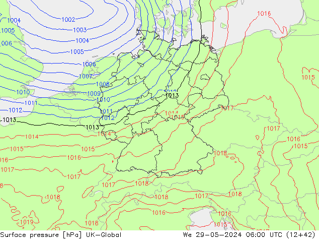 Pressione al suolo UK-Global mer 29.05.2024 06 UTC