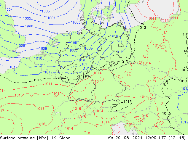 Pressione al suolo UK-Global mer 29.05.2024 12 UTC