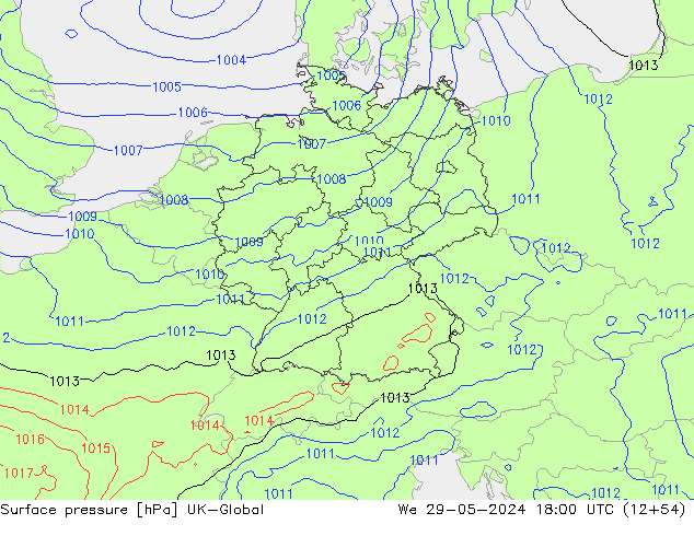 Pressione al suolo UK-Global mer 29.05.2024 18 UTC