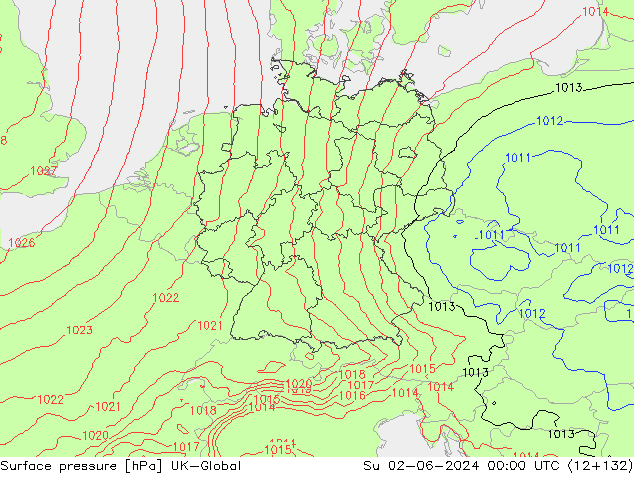 Pressione al suolo UK-Global dom 02.06.2024 00 UTC