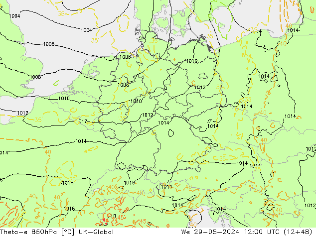 Theta-e 850hPa UK-Global mer 29.05.2024 12 UTC