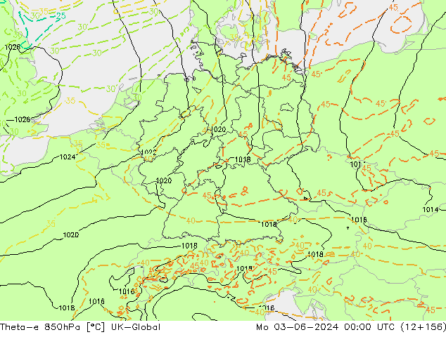 Theta-e 850hPa UK-Global ma 03.06.2024 00 UTC
