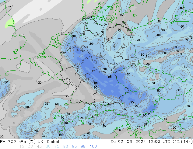 RH 700 hPa UK-Global dom 02.06.2024 12 UTC
