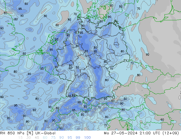 RH 850 гПа UK-Global пн 27.05.2024 21 UTC