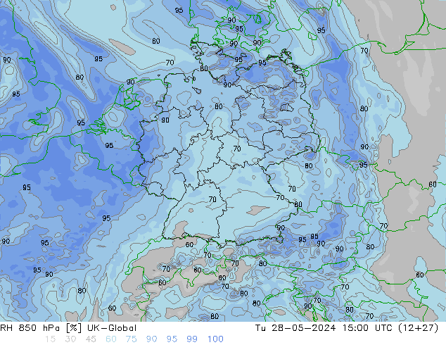 Humedad rel. 850hPa UK-Global mar 28.05.2024 15 UTC