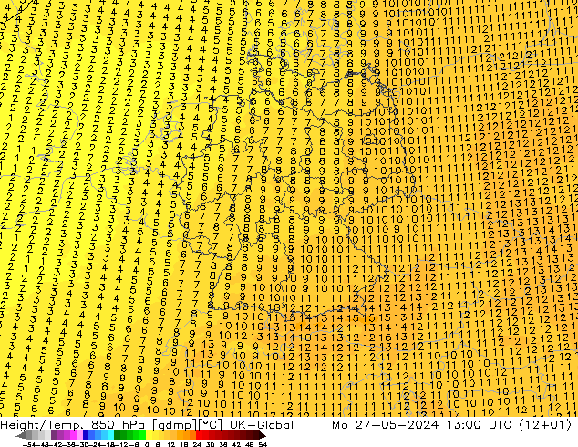 Height/Temp. 850 hPa UK-Global Mo 27.05.2024 13 UTC