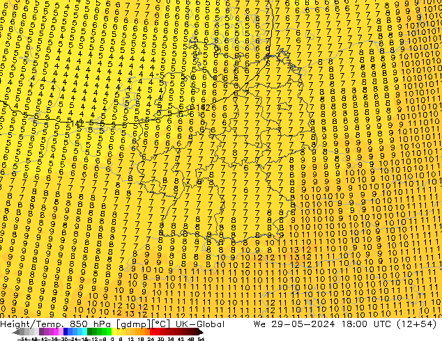 Yükseklik/Sıc. 850 hPa UK-Global Çar 29.05.2024 18 UTC