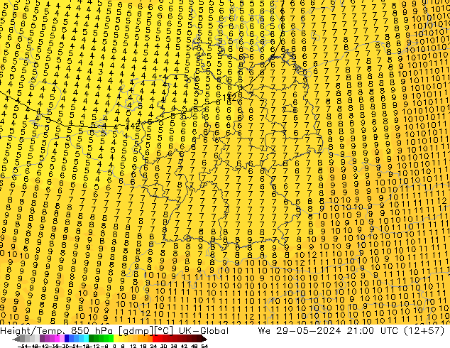 Yükseklik/Sıc. 850 hPa UK-Global Çar 29.05.2024 21 UTC