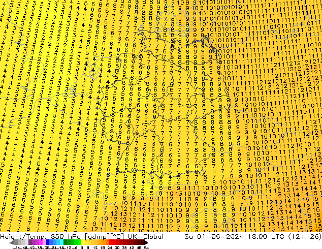 Height/Temp. 850 гПа UK-Global сб 01.06.2024 18 UTC