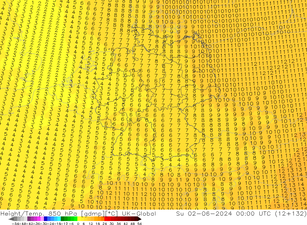 Géop./Temp. 850 hPa UK-Global dim 02.06.2024 00 UTC