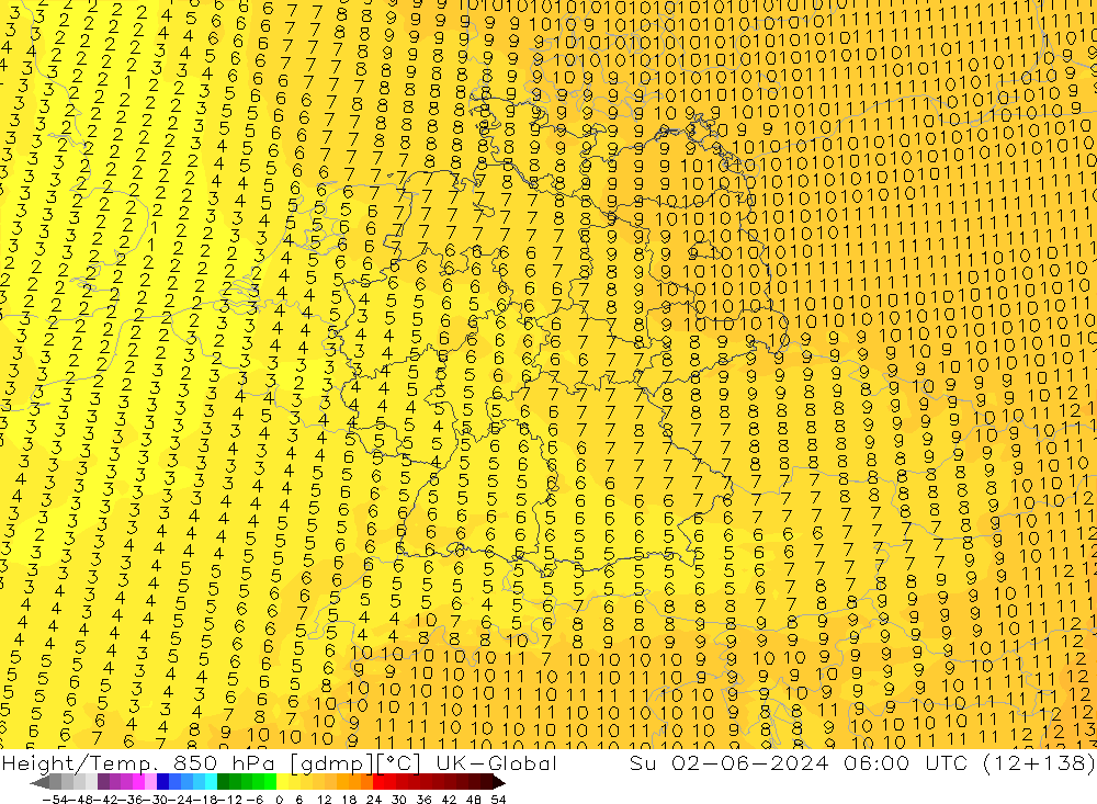 Height/Temp. 850 hPa UK-Global Ne 02.06.2024 06 UTC