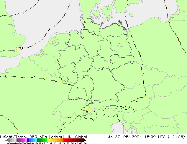 Height/Temp. 950 hPa UK-Global Mo 27.05.2024 18 UTC
