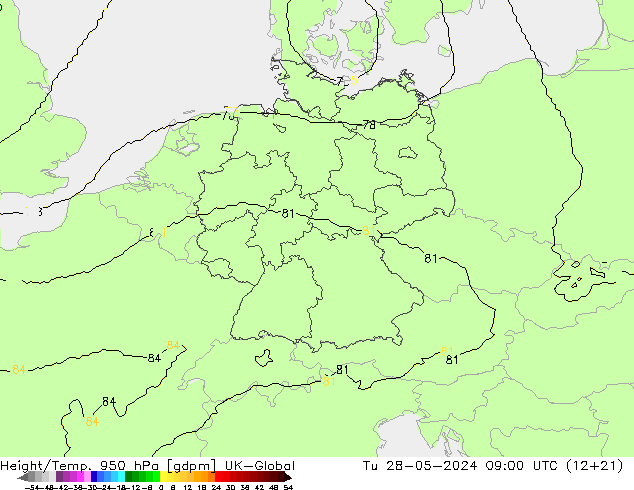 Height/Temp. 950 hPa UK-Global Út 28.05.2024 09 UTC