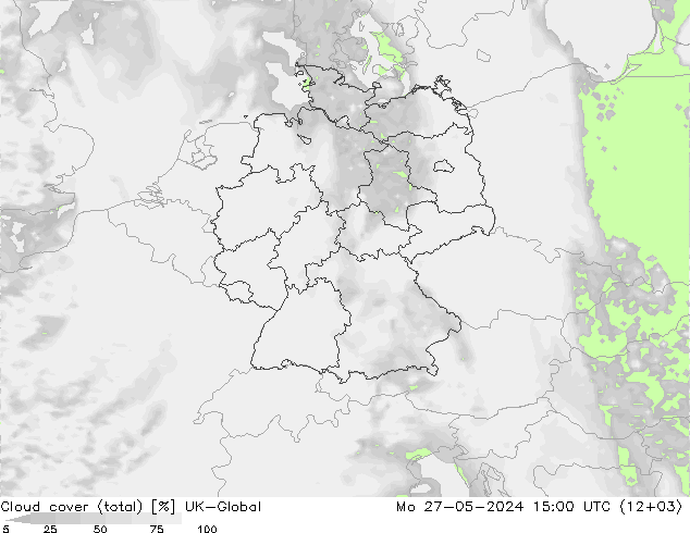Cloud cover (total) UK-Global Mo 27.05.2024 15 UTC