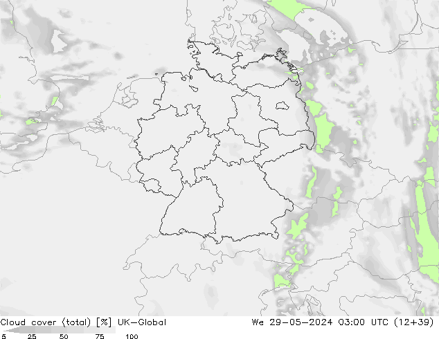 Cloud cover (total) UK-Global St 29.05.2024 03 UTC