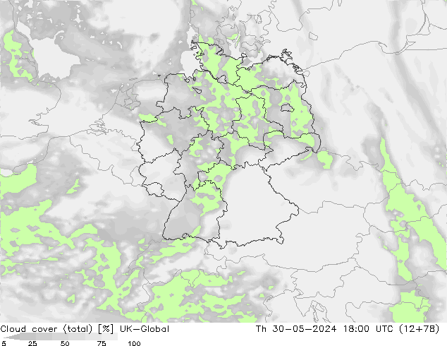 Cloud cover (total) UK-Global Čt 30.05.2024 18 UTC