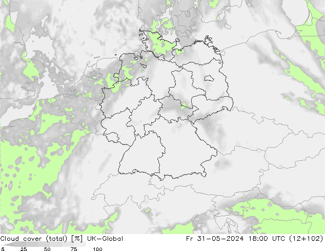 Cloud cover (total) UK-Global Fr 31.05.2024 18 UTC