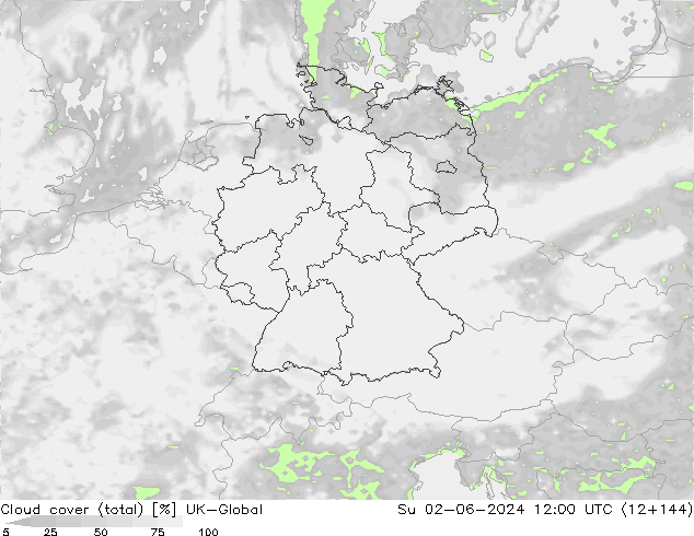 Bewolking (Totaal) UK-Global zo 02.06.2024 12 UTC