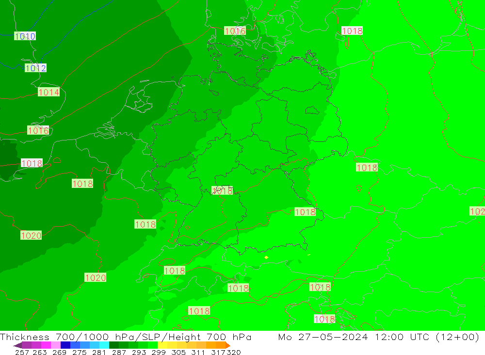 Espesor 700-1000 hPa UK-Global lun 27.05.2024 12 UTC