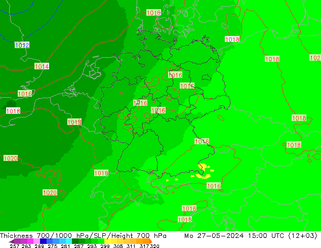 Espesor 700-1000 hPa UK-Global lun 27.05.2024 15 UTC