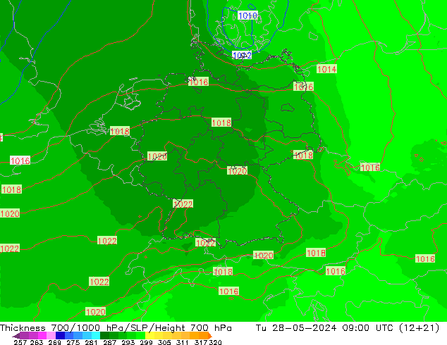 Espesor 700-1000 hPa UK-Global mar 28.05.2024 09 UTC