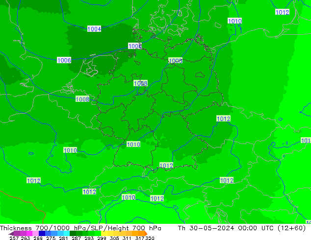 Espesor 700-1000 hPa UK-Global jue 30.05.2024 00 UTC