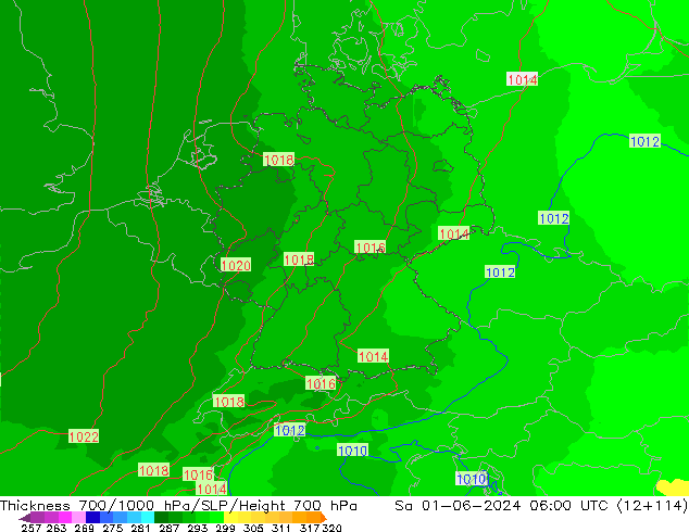 Thck 700-1000 hPa UK-Global Sa 01.06.2024 06 UTC