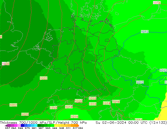 Thck 700-1000 hPa UK-Global dim 02.06.2024 00 UTC