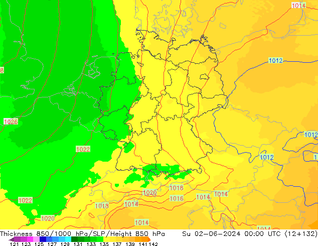 Thck 850-1000 гПа UK-Global Вс 02.06.2024 00 UTC