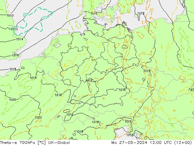 Theta-e 700hPa UK-Global pon. 27.05.2024 12 UTC