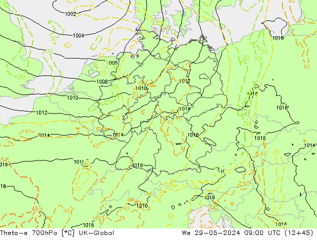 Theta-e 700hPa UK-Global We 29.05.2024 09 UTC