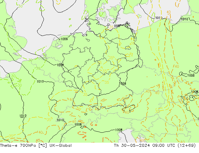 Theta-e 700hPa UK-Global Th 30.05.2024 09 UTC