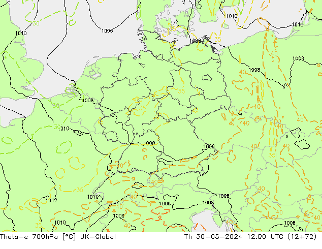 Theta-e 700hPa UK-Global gio 30.05.2024 12 UTC
