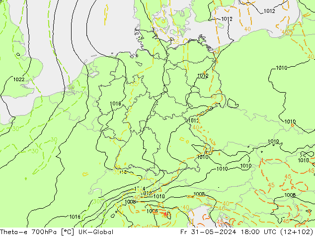 Theta-e 700hPa UK-Global Fr 31.05.2024 18 UTC