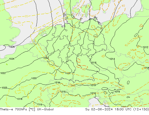 Theta-e 700hPa UK-Global nie. 02.06.2024 18 UTC