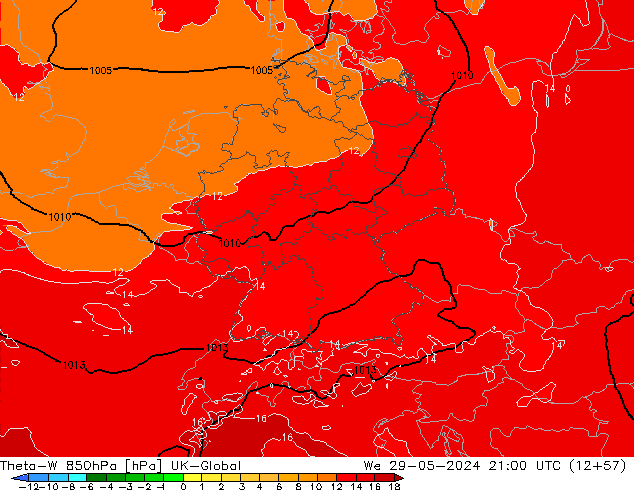 Theta-W 850hPa UK-Global Çar 29.05.2024 21 UTC