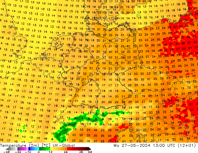 mapa temperatury (2m) UK-Global pon. 27.05.2024 13 UTC