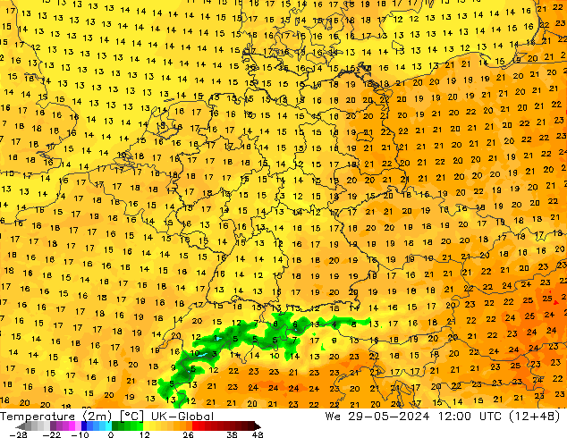 温度图 UK-Global 星期三 29.05.2024 12 UTC