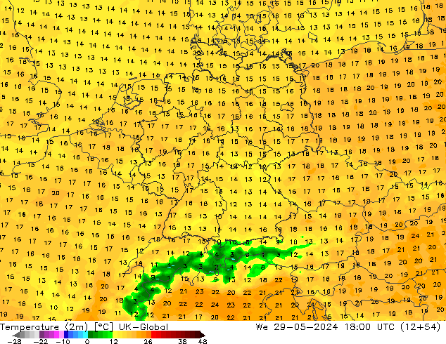 Temperatuurkaart (2m) UK-Global wo 29.05.2024 18 UTC