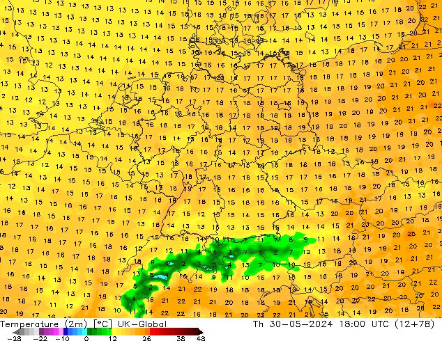 Temperature (2m) UK-Global Th 30.05.2024 18 UTC