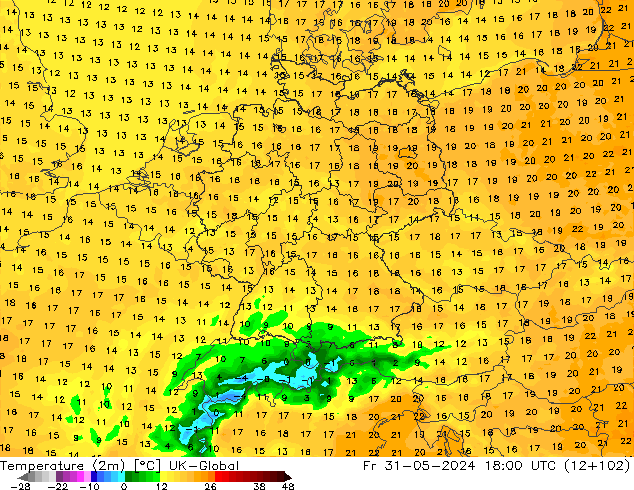 Temperature (2m) UK-Global Fr 31.05.2024 18 UTC